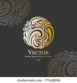emblema del vector dorado. Se puede utilizar para productos orgánicos, joyería, belleza y industria de la moda. Ideal para el logotipo, la invitación, el volante, el menú, el folleto, la tarjeta de visita, el banner, el fondo o cualquier idea deseada.