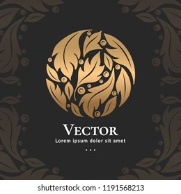 Golden vector emblem. Elegant, classic elements. Can be used for jewelry, beauty and fashion industry. Great for logo, monogram, invitation, flyer, menu, brochure, background, or any desired idea.