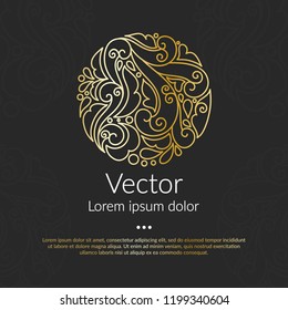 Golden vector emblem. Elegant, classic elements. Can be used for jewelry, beauty and fashion industry. Great for logo, monogram, invitation, flyer, menu, brochure, background, or any desired idea.