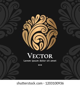Golden vector emblem. Elegant, classic elements. Can be used for jewelry, beauty and fashion industry. Great for logo, monogram, invitation, flyer, menu, brochure, background, or any desired idea.