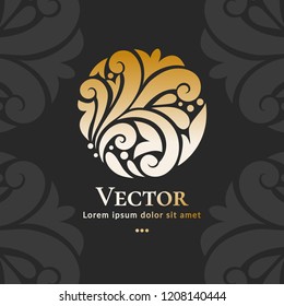 Golden vector emblem. Elegant, classic elements. Can be used for jewelry, beauty and fashion industry. Great for logo, monogram, invitation, flyer, menu, brochure, background, or any desired idea.