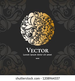 Golden vector emblem. Elegant, classic elements. Can be used for jewelry, beauty and fashion industry. Great for logo, monogram, invitation, flyer, menu, brochure, background, or any desired idea.