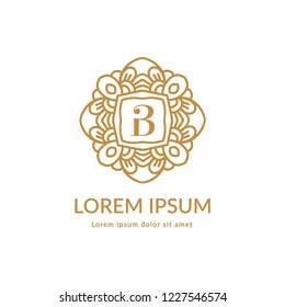 Golden vector emblem. Elegant, classic elements. Can be used for jewelry, beauty and fashion industry. Great for logo, monogram, invitation, flyer, menu, brochure, background, or any desired idea.