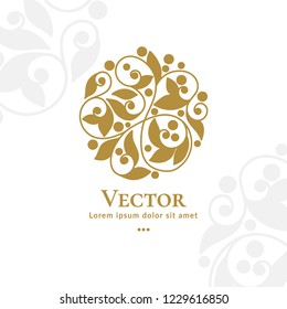 Golden vector emblem. Elegant, classic elements. Can be used for jewelry, beauty and fashion industry. Great for logo, monogram, invitation, flyer, menu, brochure, background, or any desired idea.