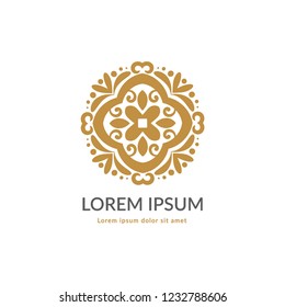Golden vector emblem. Elegant, classic elements. Can be used for jewelry, beauty and fashion industry. Great for logo, monogram, invitation, flyer, menu, brochure, background, or any desired idea.