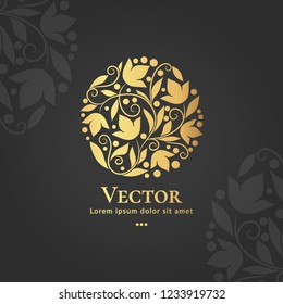 Golden vector emblem. Elegant, classic elements. Can be used for jewelry, beauty and fashion industry. Great for logo, monogram, invitation, flyer, menu, brochure, background, or any desired idea.