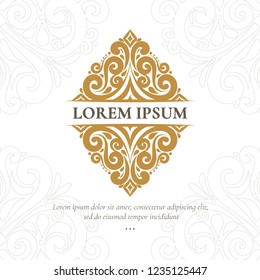 Golden vector emblem. Elegant, classic elements. Can be used for jewelry, beauty and fashion industry. Great for logo, monogram, invitation, flyer, menu, brochure, background, or any desired idea.