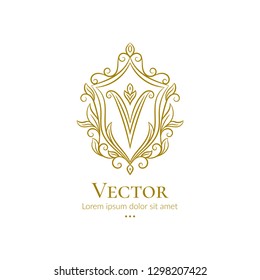 Golden vector emblem. Elegant, classic vector. Can be used for jewelry, beauty and fashion industry. Great for logo, monogram, invitation, flyer, menu, brochure, background, or any desired idea.