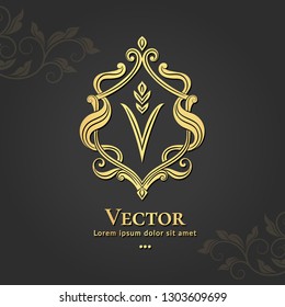 Golden vector emblem. Elegant, classic vector. Can be used for jewelry, beauty and fashion industry. Great for logo, monogram, invitation, flyer, menu, brochure, background, or any desired idea.