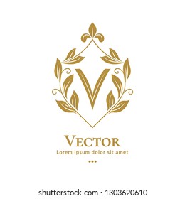 Golden vector emblem. Elegant, classic vector. Can be used for jewelry, beauty and fashion industry. Great for logo, monogram, invitation, flyer, menu, brochure, background, or any desired idea.