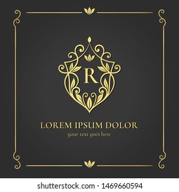 Golden vector emblem. Elegant, classic vector. Can be used for jewelry, beauty and fashion industry. Great for logo, monogram, invitation, flyer, menu, brochure, background, or any desired idea.