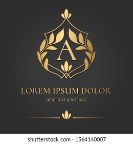 Golden vector emblem. Elegant, classic vector. Can be used for jewelry, beauty and fashion industry. Great for logo, monogram, invitation, flyer, menu, brochure, background, or any desired idea.