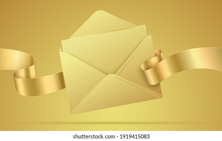 Golden vector envelope mockup. Luxury envelope with the letter, and waving ribbon. Realistic envelope template with celebration, greeting, or invitation card inside, isolated on a golden background.