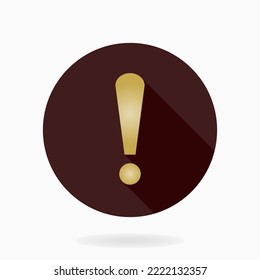 Icono plano de la exclamación del vector dorado en el círculo marrón. Diseño plano y sombra larga