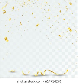 Golden Vector Festive Illustration of Falling Shiny Confetti Glitters Isolated on Transparent Checkered Background.