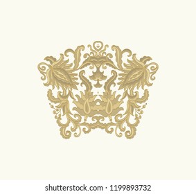 Golden vector floral composition, fretwork design on white background 