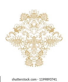 Golden vector floral composition, fretwork design on white background 
