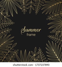 Golden vector floral frame with space for text. Gold tropical exotic plants and palm leaves on black background. Elegant template for greeting cards, social media, posters, banners and etc.