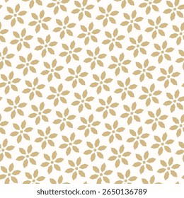 Golden vector floral minimal seamless pattern. Abstract geometric leaf ornament with flowers in asian style, diamonds, stars in diagonal grid. Luxury gold and white background texture. All-over design