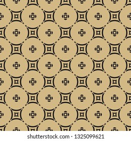 Golden vector floral seamless pattern. Simple minimal geometric texture. Gold and black abstract background. Elegant graphic ornament with small flowers, round grid, lattice. Luxury repeated design