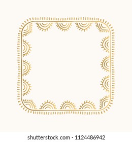 Golden vector frame in boho style. Hand drawn decorative border. 