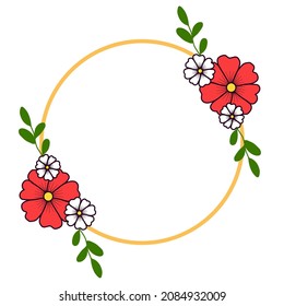 Golden vector frame illustration with red and white floral ornament with green leaves