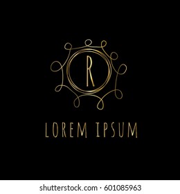 Golden vector frame with letter R