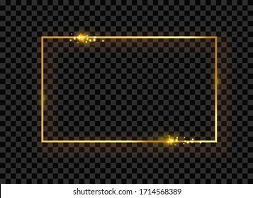 Golden vector frame with lights effects. Shining rectangle banner. Isolated on black transparent background