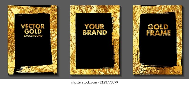 Goldener Vektorrahmen auf schwarzem Hintergrund. Gold Vintage Art Set. Grunge luxuriöses Cover Design. Vektorstruktur. Handgezeichneter Rahmen mit Pinselstrichen für Umschlag, Tapete, Druck.