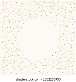 Golden vector frame with star constellation. Glitter borders. Isolated illustration.