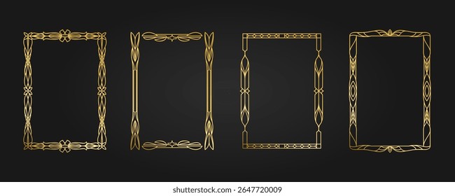 Modelo de moldura de vetor dourado a4 papel. Conjunto de quadros dourados com padrão geométrico abstrato, ornamento. Borda isolada para decoração, impressão, publicidade, poligrafia, folheto, certificado, prêmio, diploma.