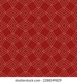 Golden vector geometric background with diamond shapes, linear rhombuses, grid, net, lattice. Abstract modern seamless pattern. Thin lines background. Luxury gold and red ornament. Elegant design