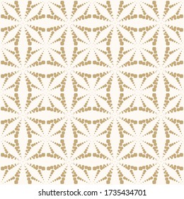 Golden vector geometric dotted seamless pattern. Simple minimal texture with halftone dots, crosses, floral silhouettes, stars, grid. Abstract gold and white background. Modern luxury repeated design