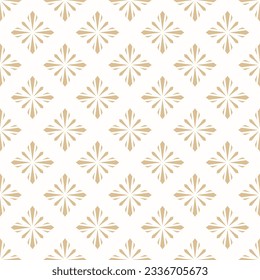 Golden vector geometric floral seamless pattern. Simple gold and white ornamental texture in oriental style. Abstract mosaic background with flower silhouettes, diamond shapes. Luxury repeat design