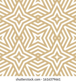 Golden vector geometric lines seamless texture. Modern abstract linear pattern. Stylish gold and white graphic background with stars, diamonds, stripes, diagonal lines, tiles. Luxury repeated design