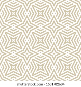 Golden vector geometric lines seamless texture. Modern abstract linear pattern. Stylish gold and white graphic background with stars, diamonds, stripes, diagonal lines, repeat tiles. Luxury geo design