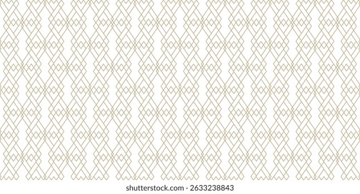 Golden vector geometric lines seamless pattern. Luxury minimalist texture with diamonds, outline rhombuses, linear grid. Minimal abstract white and gold background. Art deco style. Trendy geo design