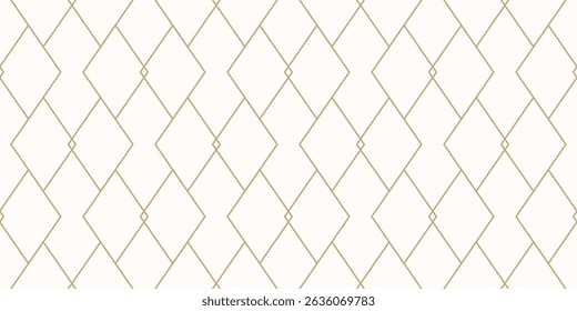 Golden vector geometric lines texture. Subtle seamless pattern with diamonds, outline rhombuses, linear grid. Minimal abstract gold and white ornament. Art deco style. Trending minimalist background