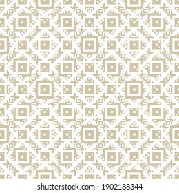 Golden vector geometric ornament in ethnic style. Abstract seamless pattern with squares, diamonds, triangles, grid, tiles. Retro vintage style. Gold and white background texture. Repeatable design