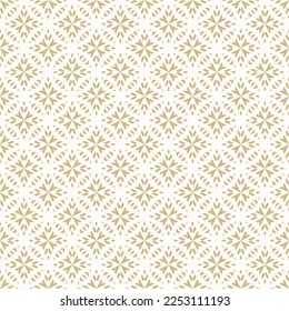 Golden vector geometric ornament in ethnic style. Elegant abstract ornamental seamless pattern. Simple gold and white background texture with floral shapes, snowflakes, tiles. Repeat luxury geo design