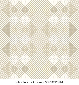 Golden vector geometric seamless pattern with crossing diagonal lines, stripes, small squares. Abstract repeat ornament texture. Delicate white and beige background. Design for decor, fabric, prints