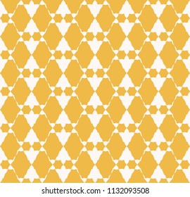 Golden vector geometric seamless pattern. Abstract yellow and white background. Graphic texture with triangular shapes, grid, mesh. Tribal ornament. Ethnic folk motif. Repeatable decorative design