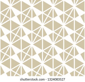 Golden vector geometric seamless pattern with triangles, rhombuses, diamond shapes, grid. Elegant gold and white texture. Abstract minimal background. Repeat design for decoration, wallpapers, covers