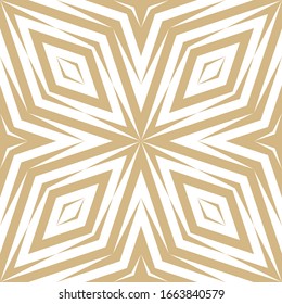 Golden vector geometric seamless pattern. Abstract ornamental texture with diagonal lines, rhombuses, diamonds, star shapes. Elegant gold and white ornament. Stylish background. Repeat design