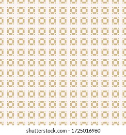 Golden vector geometric seamless pattern with small squares, floral shapes, grid, tiles. Subtle abstract minimalist texture. Minimal gold ornament. Simple luxury background. Repeat decorative design