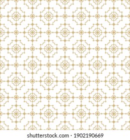 Golden vector geometric seamless pattern in ethnic style. Abstract texture with diamonds, rhombuses, squares, grid, lattice, flower shapes. Elegant gold and white ornament background. Luxury design