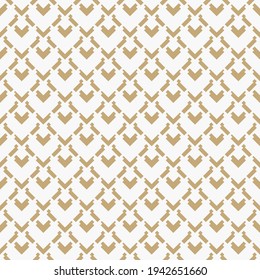 Golden vector geometric seamless pattern. Abstract texture with diamond grid, arrows, square shapes. Stylish modern gold and white geometrical background. Simple trendy repeat design for decor, print