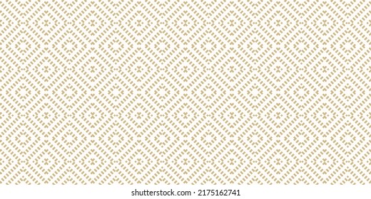 Golden vector geometric seamless pattern. Abstract gold and white graphic background with squares, rhombuses, grid. Simple wicker texture. Ethnic tribal style ornament. Repeat retro vintage geo design