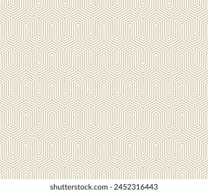 Golden vector geometric seamless pattern with thin lines, hexagon grid, quirky stripes. Gold and white abstract background. Simple modern minimal linear texture. Luxury repeated decorative geo design