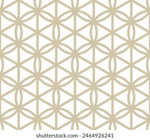 Golden vector geometric seamless pattern with curved lines, hexagons, triangles, circles, lattice, grid. Abstract luxury gold and white background. Simple texture in oriental style. Repeating design